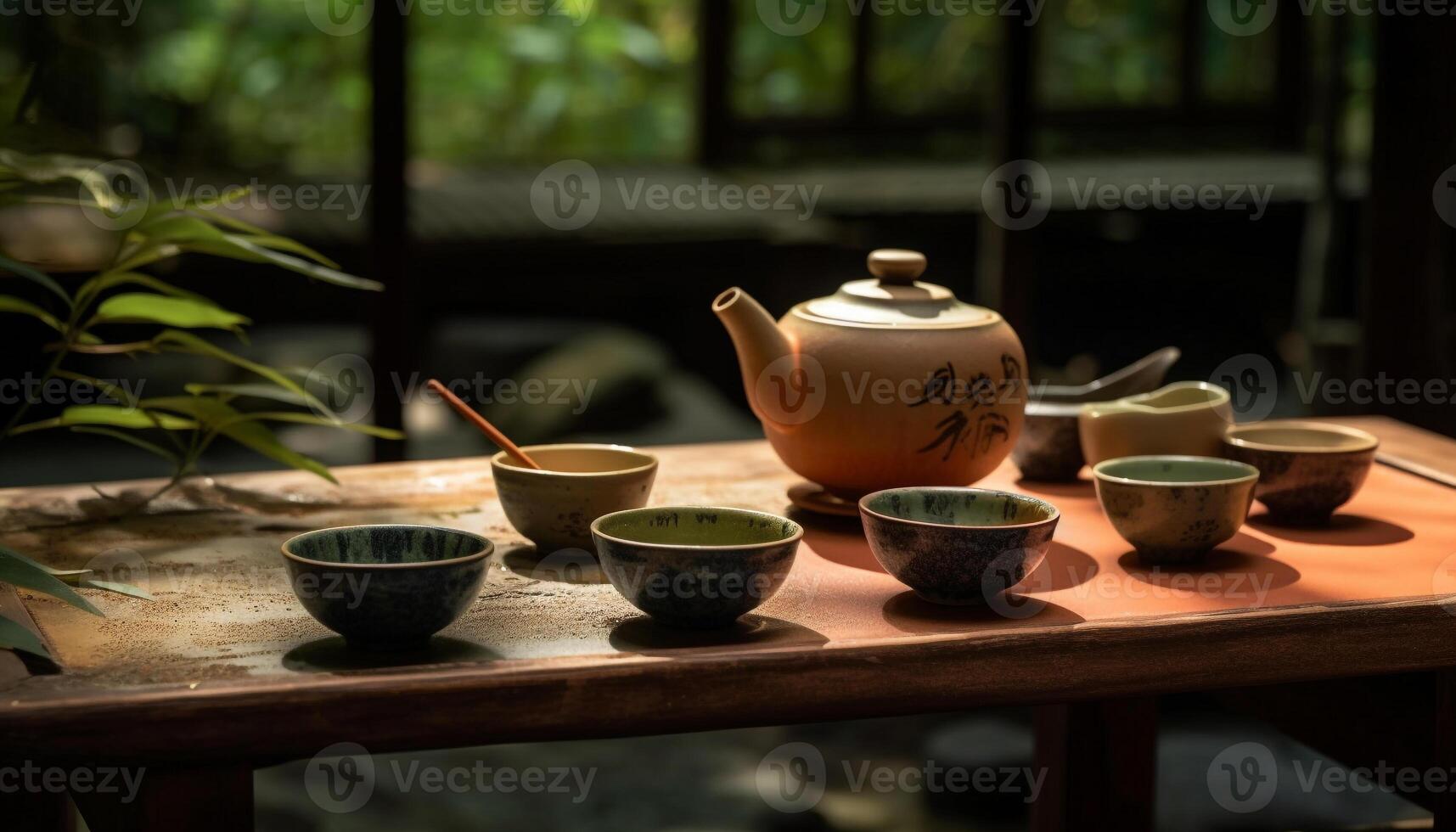 japonés tetera y tazas en de madera mesa con bambú planta generado por ai foto