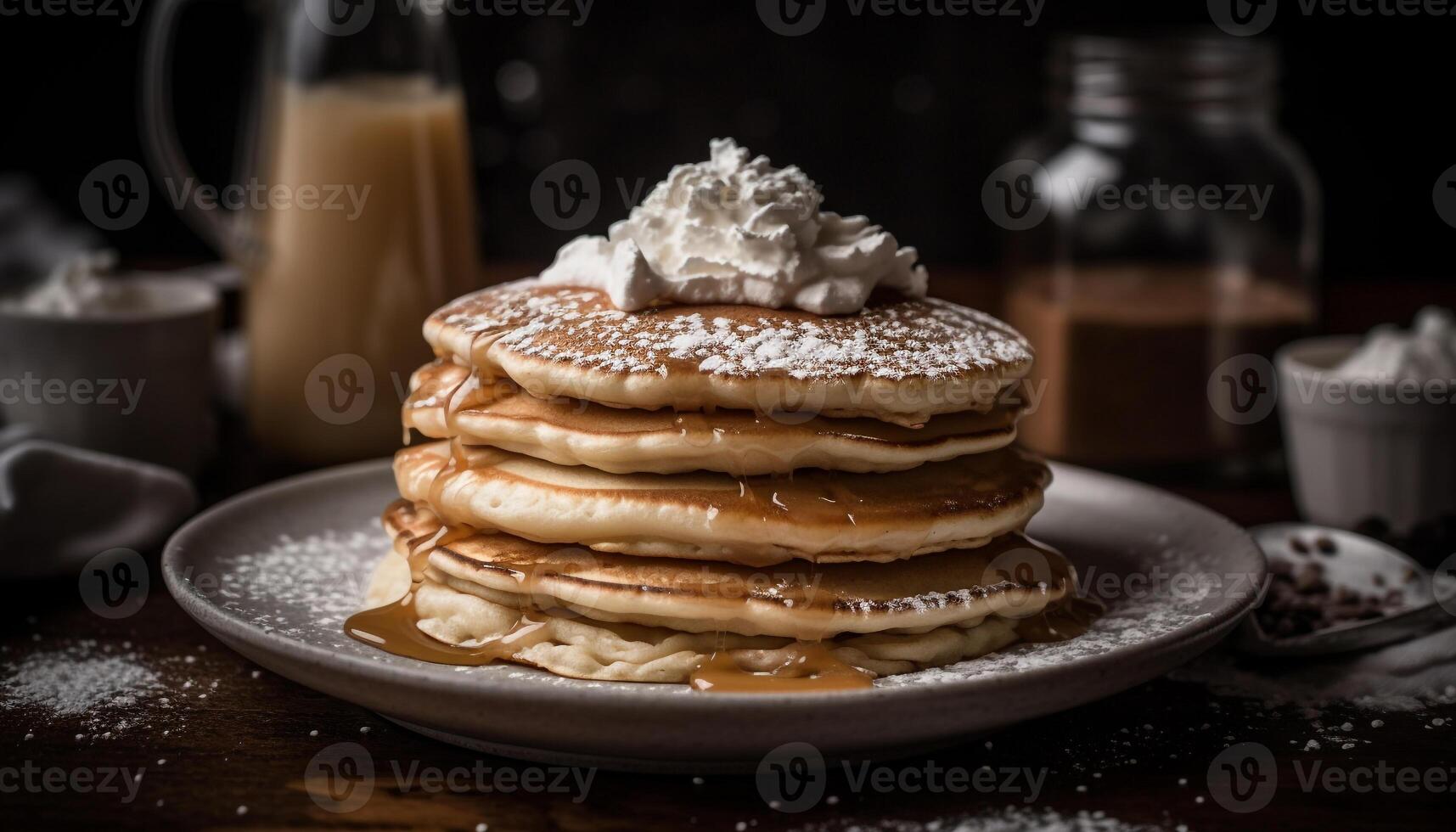 Stack of homemade pancakes with syrup and fresh berries generated by AI photo