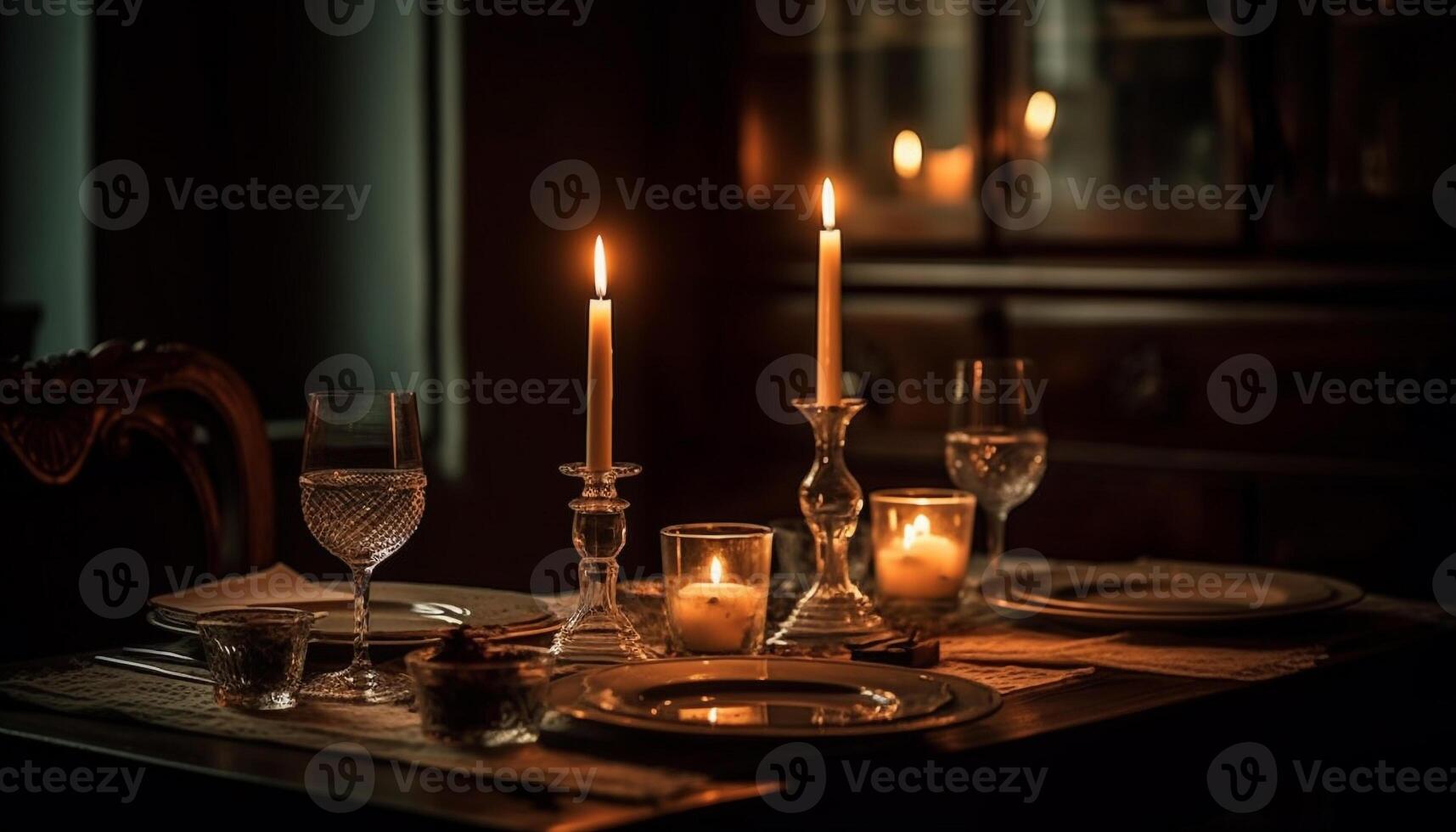 Luxury candlelight illuminates elegant dining table for a romantic celebration generated by AI photo