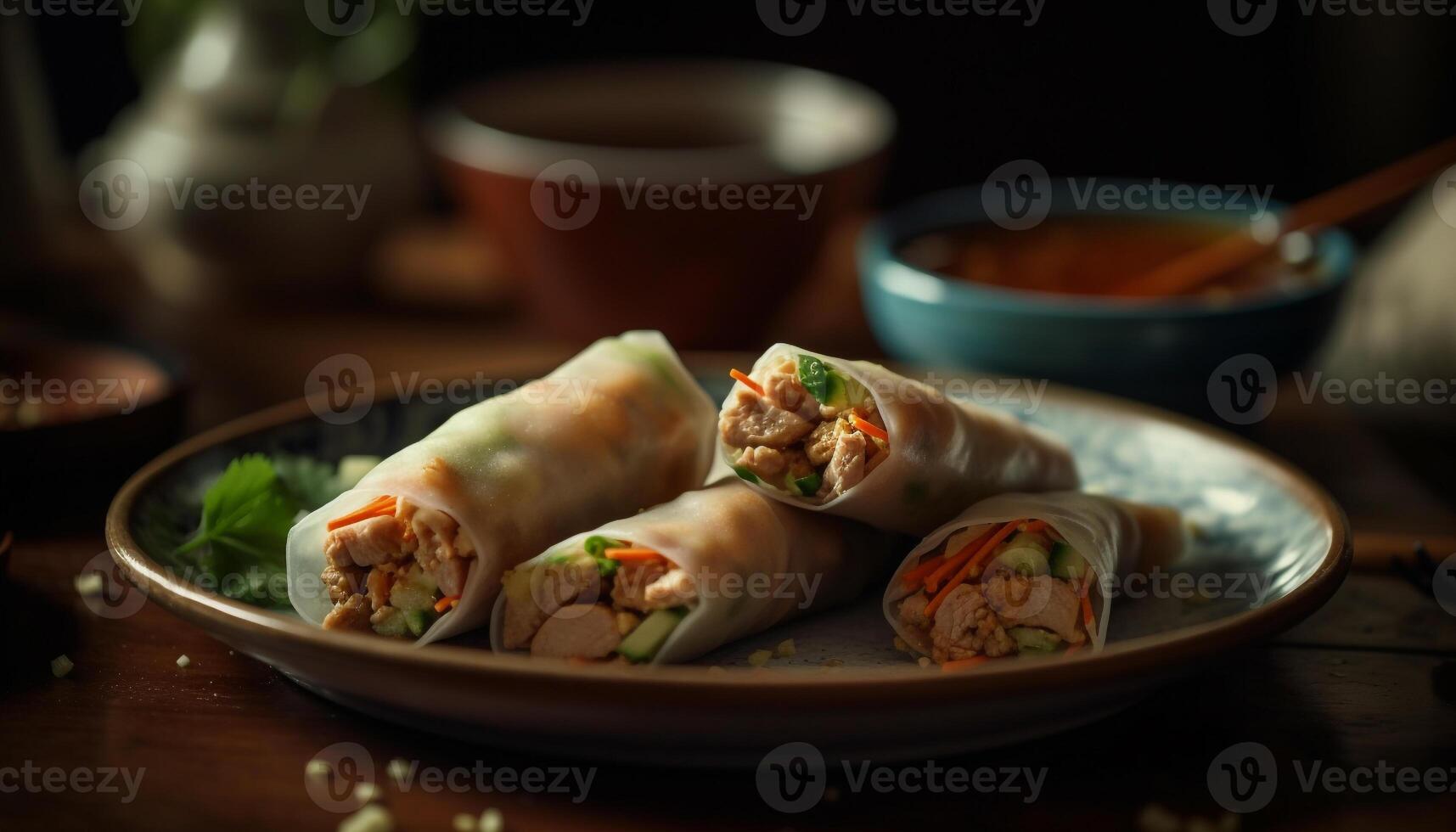 Fresh spring rolls with vegetables and shrimp, ready to eat appetizer generated by AI photo