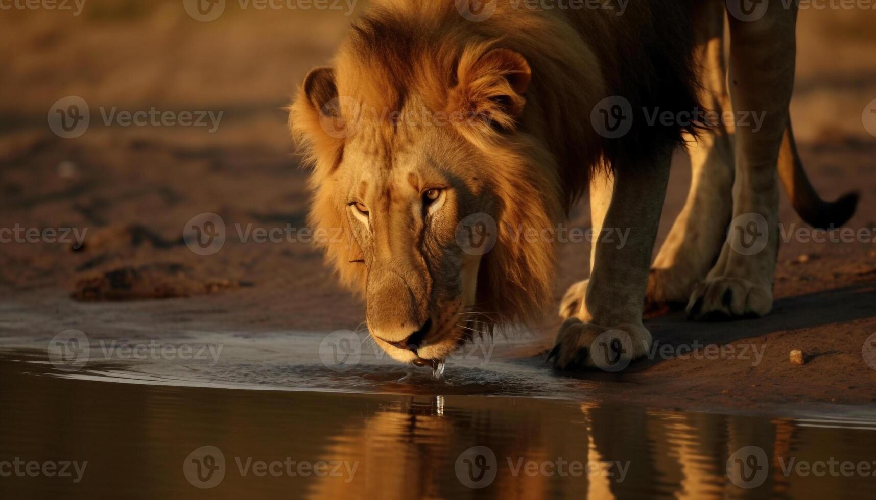 Majestic lioness in the savannah, reflecting in tranquil waters generated by AI photo