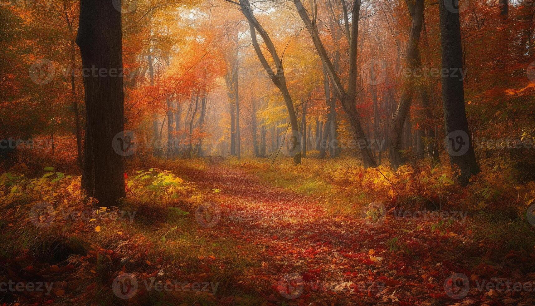 vibrante otoño bosque, misterioso niebla, tranquilo sendero, escalofriante desierto escena generado por ai foto