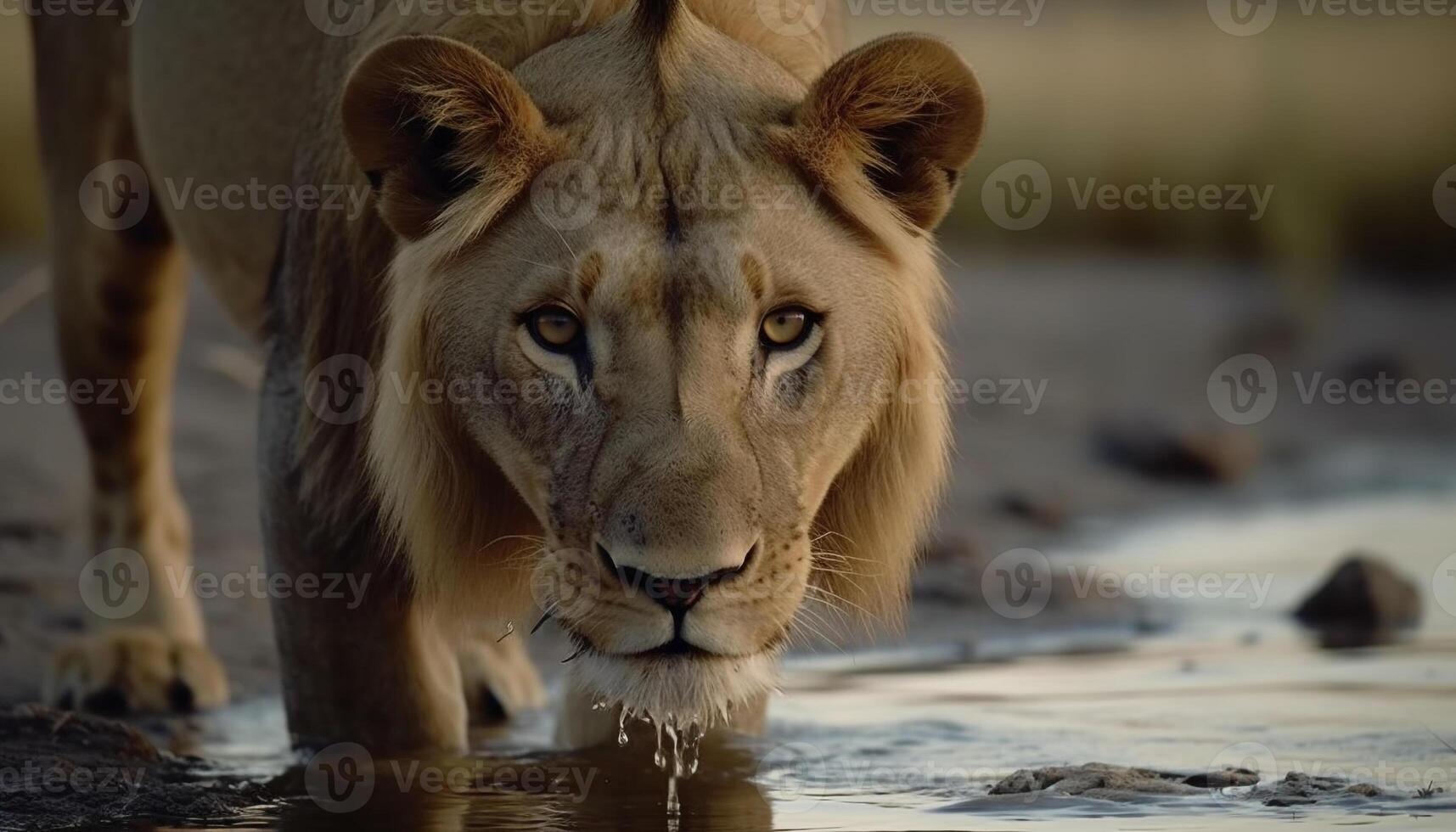 Majestic lioness staring at camera in African wilderness, alert and resting generated by AI photo