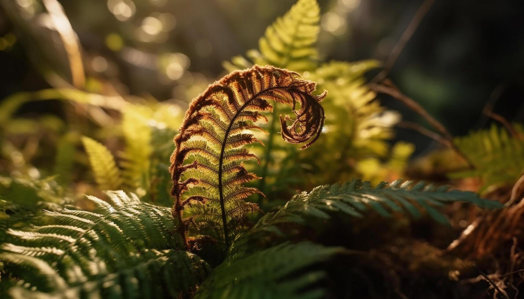 orgánico crecimiento en vibrante bosque, Dom besado hojas relucir con Rocío generado por ai foto