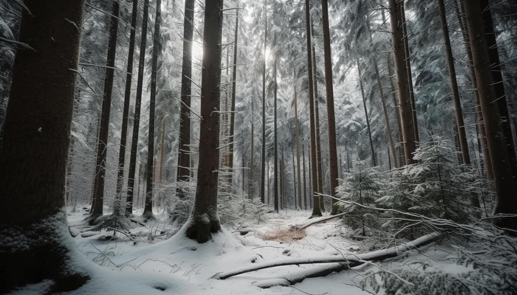 Tranquil pine tree stands in snowy forest, untouched by winter generated by AI photo