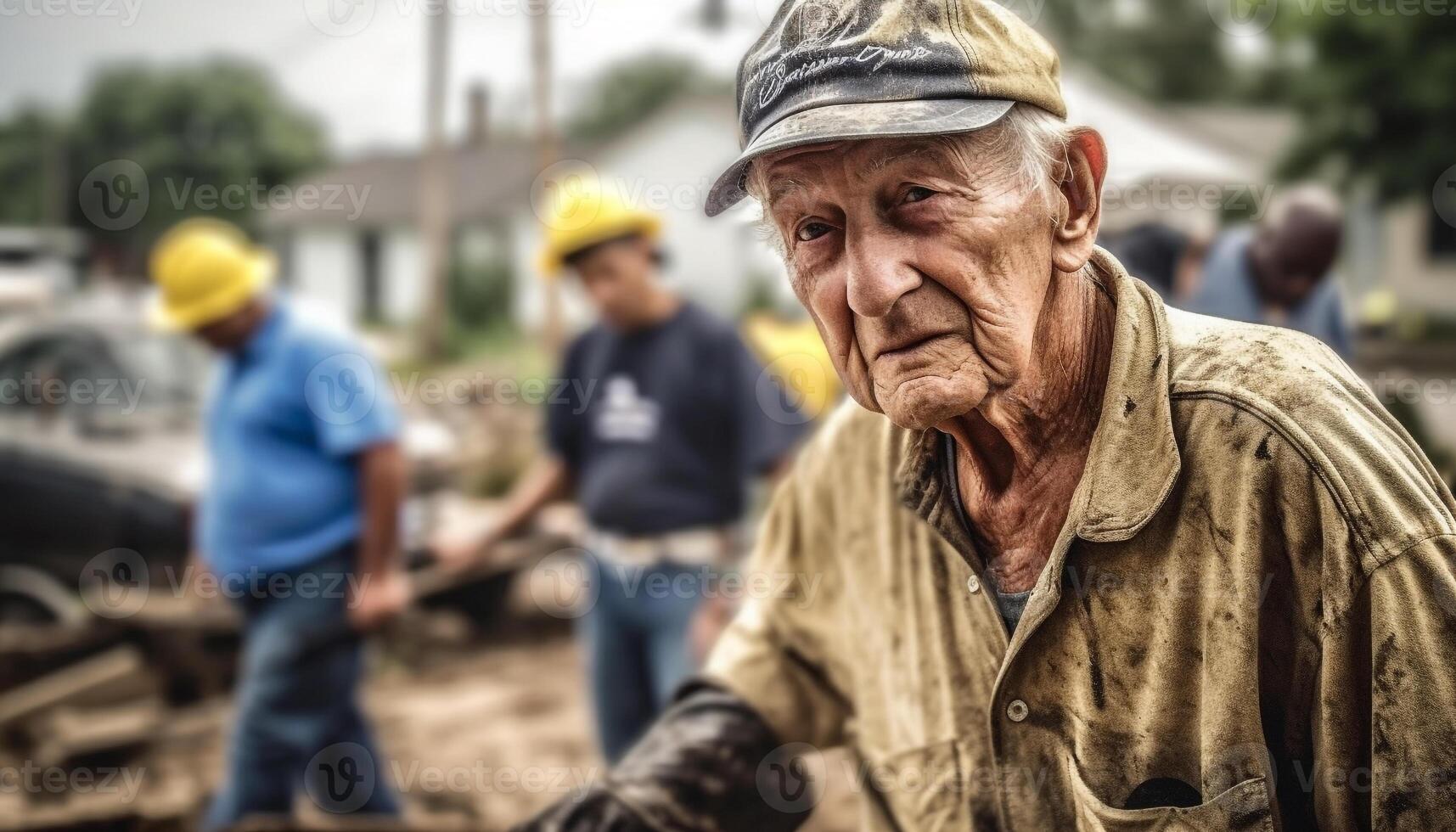 Active senior farmer working outdoors on construction site, smiling happily generated by AI photo