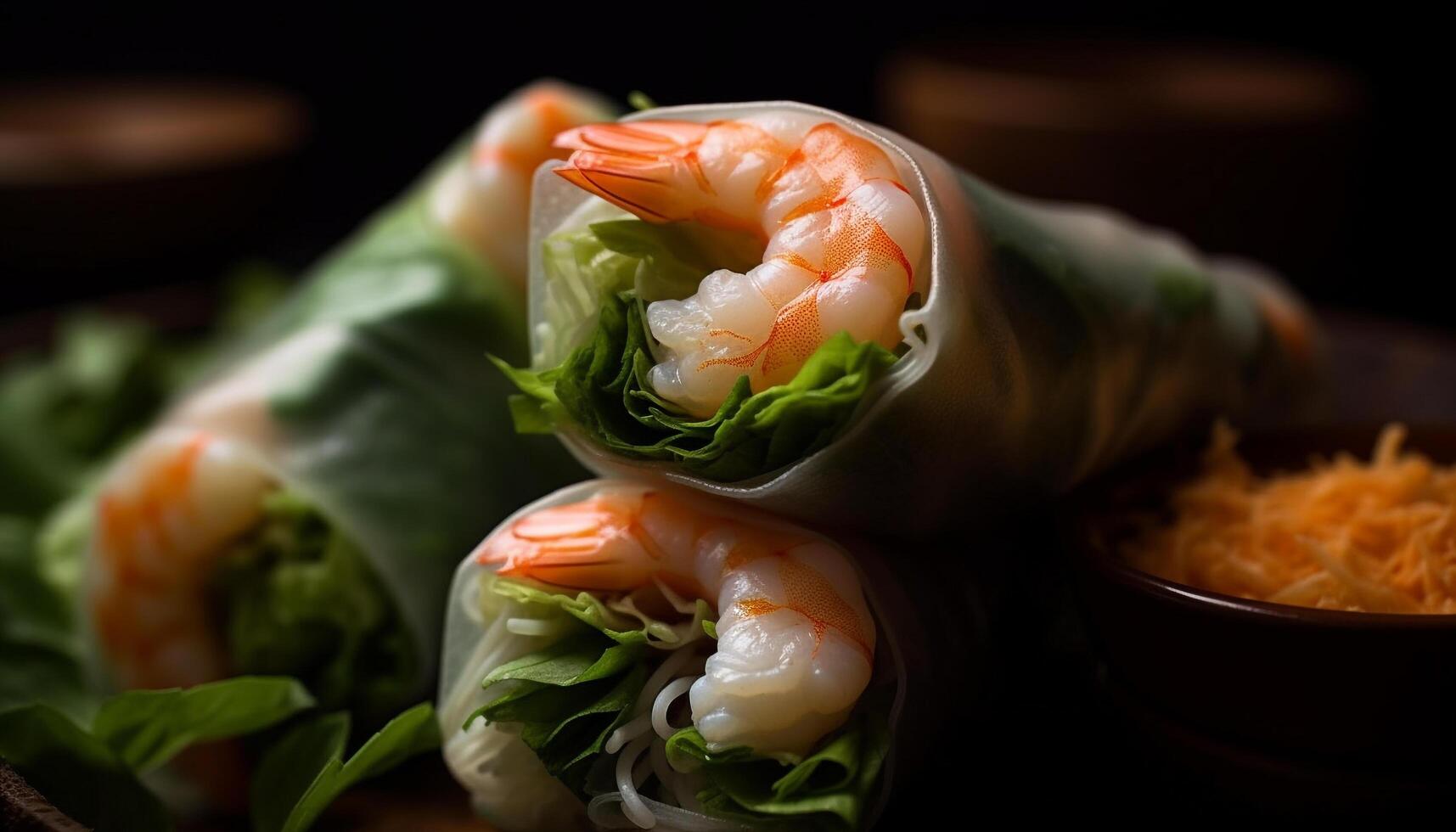 Fresh seafood spring rolls with shrimp, pork, and vegetables generated by AI photo