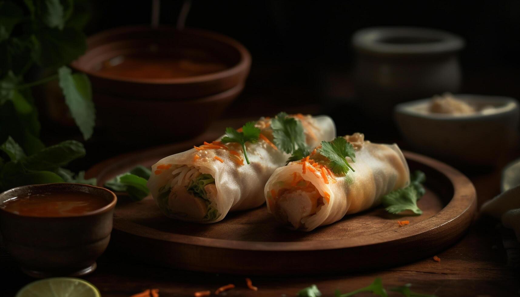 Freshly cooked dim sum plate with pork and vegetable spring rolls generated by AI photo