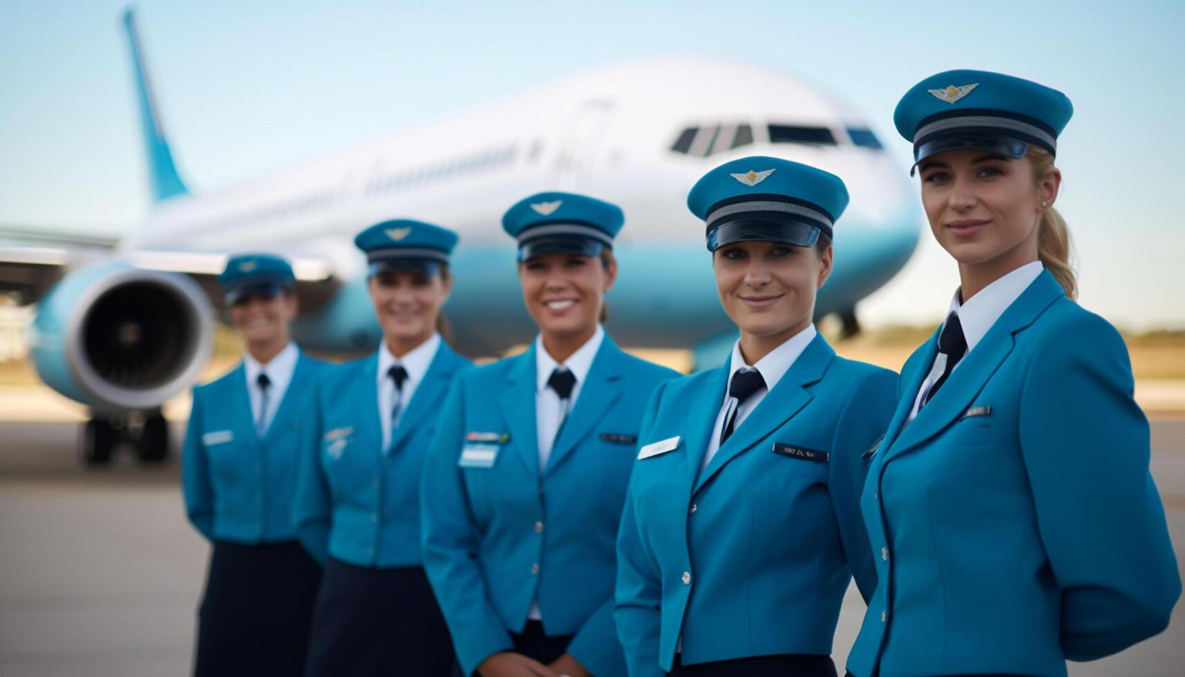 Smiling cabin crew and pilot in uniform looking at camera generated by AI photo