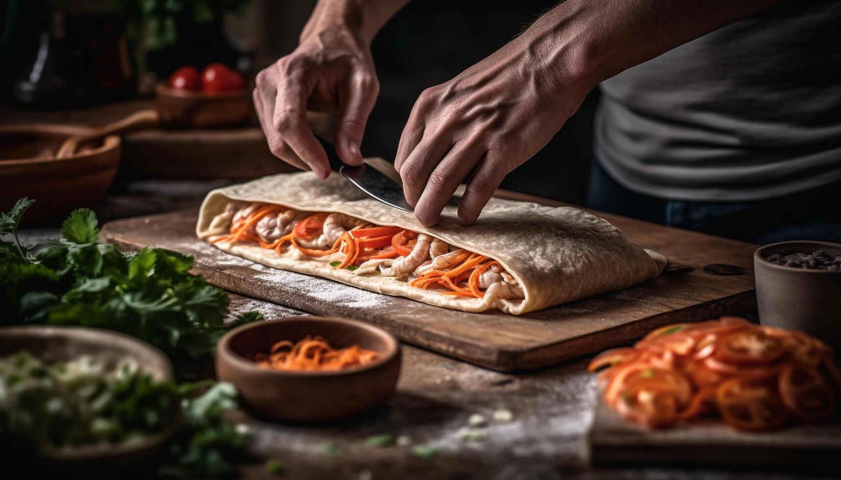 hecho a mano taco con A la parrilla carne de res, Fresco verduras, y picante chile generado por ai foto