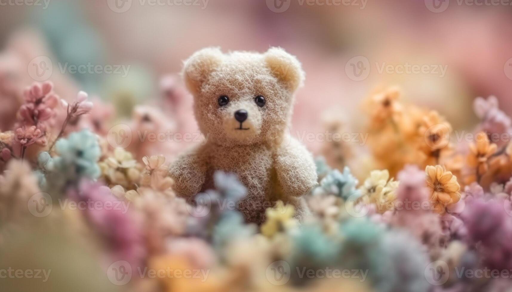 Cute animal toy surrounded by nature beauty and softness generated by AI photo