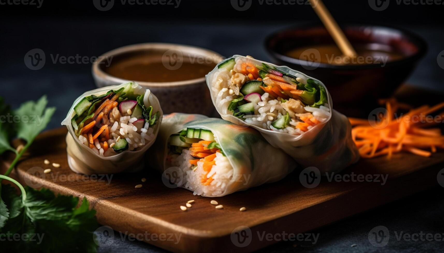 Fresh spring roll with pork, vegetables, and cilantro sauce generated by AI photo