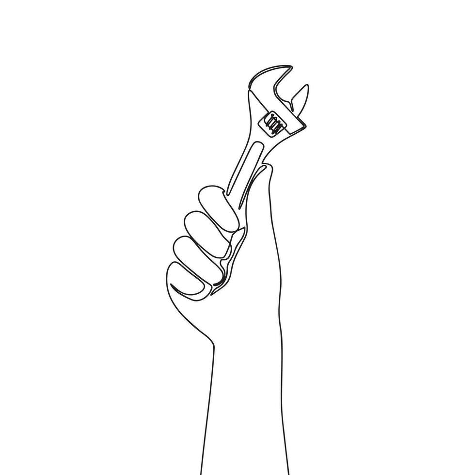 Instrument tool wrench in hand one line continuous. Line art, outline isolated on white background. Vector illustration.