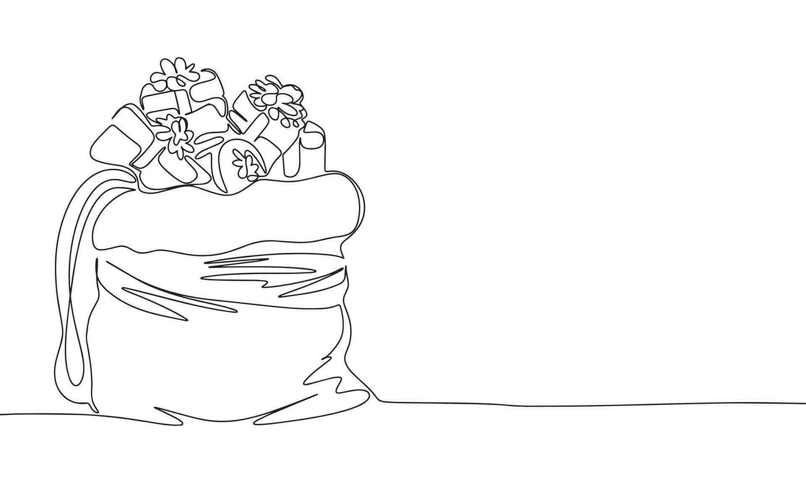Bag with Christmas gifts one line continuous. Line art, outline isolated on white background. Vector illustration.