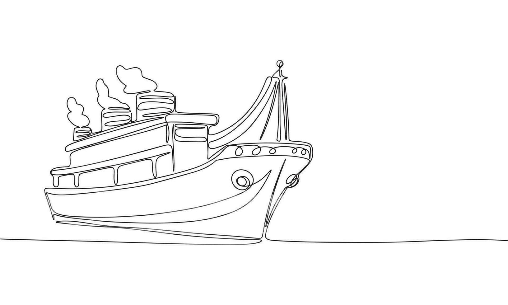 Ship one line continuous. Line art, outline isolated on white background. Vector illustration.