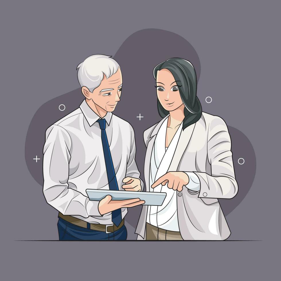 Age diversity. Two professional coworkers using digital tablet together vector illustration free download