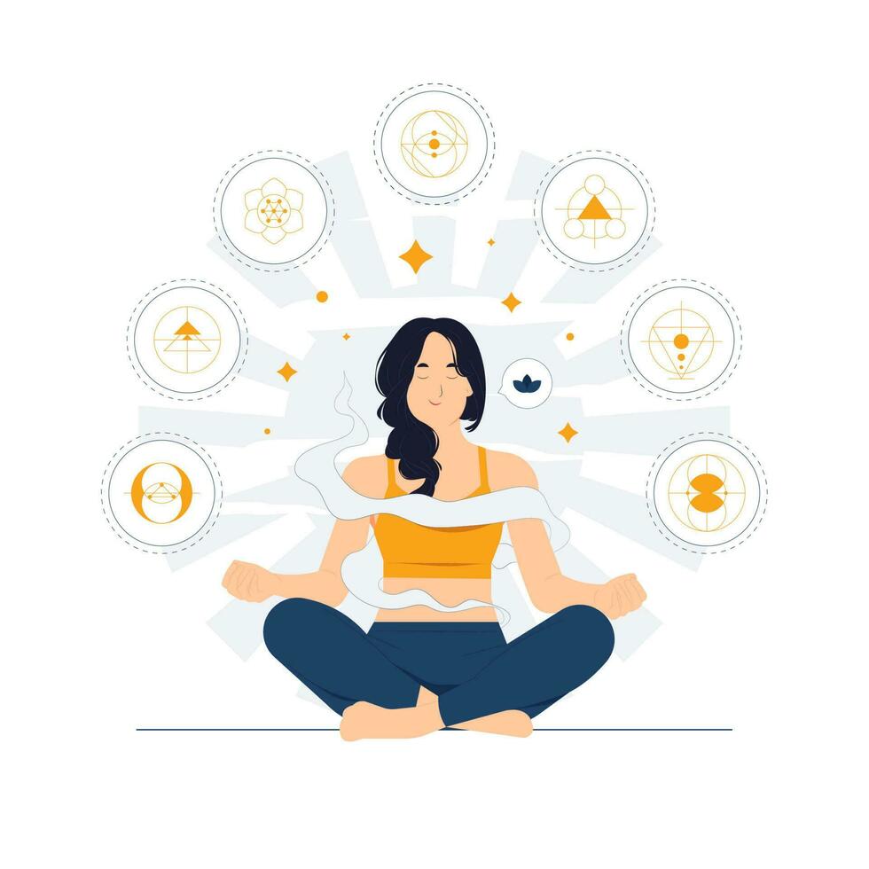 Yoga meditation, mindfulness, relaxation and inner peace. Serene calm woman enjoying meditation in nature while her eyes closed, breathing exercises with hands in zen gesture concept illustration vector