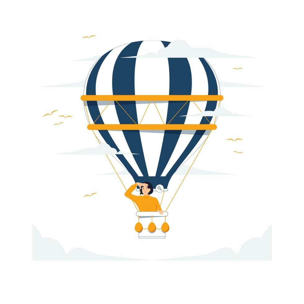 Hot air balloon flight floating over a scenic landscape. Happy woman soaring, flying in basket in sky among clouds. searching for employees finding work or vacancy concept illustration vector