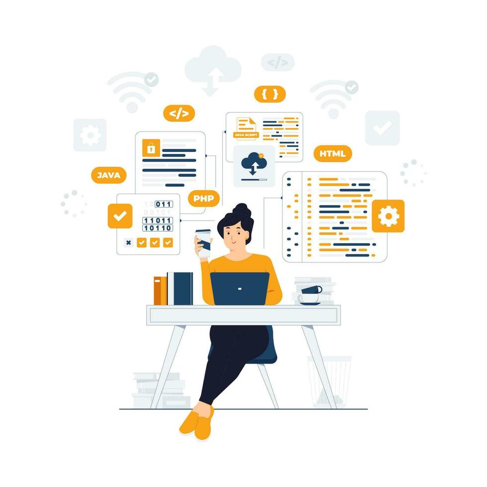 Programmer, Developer, software development, engineer with laptop sitting at the office desk  while coding and developing programming language PHP, HTML, CSS, Js concept illustration vector