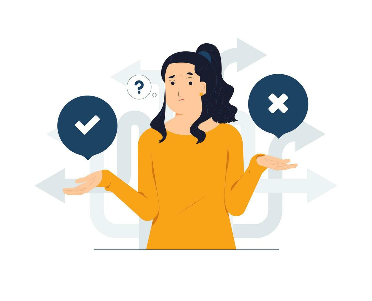 Business decision making, career path, work direction, dilemma, choose, undecided. confusing woman looking at crossroad sign with question mark and think which way to success concept illustration vector