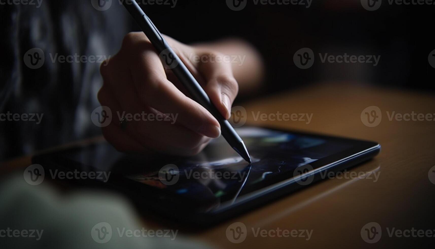 One person holding pen, working on digital tablet indoors generated by AI photo