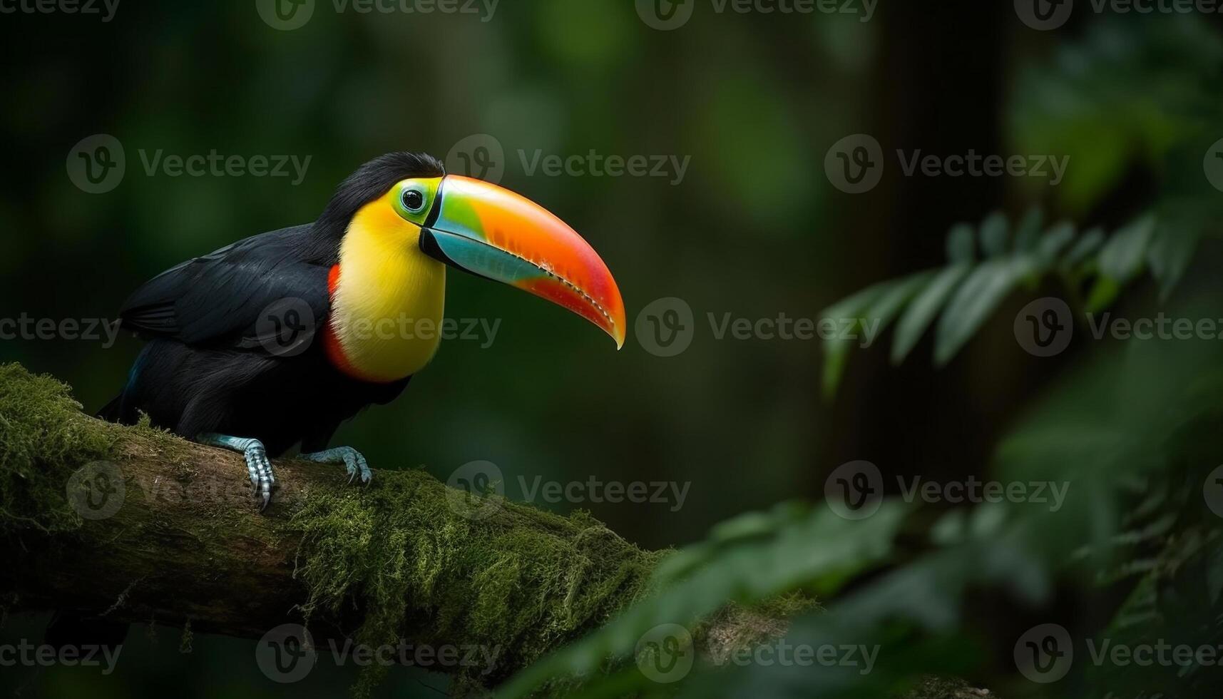 Toucan perching on branch, vibrant colors in tropical rainforest generated by AI photo