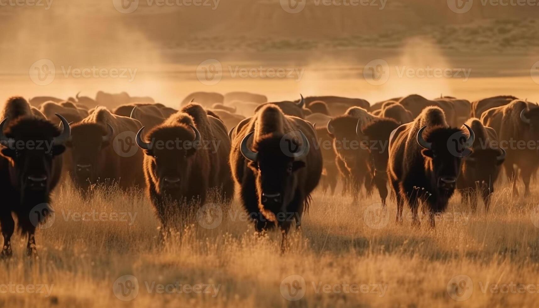 Large herd of domestic cattle grazing in tranquil meadow generated by AI photo