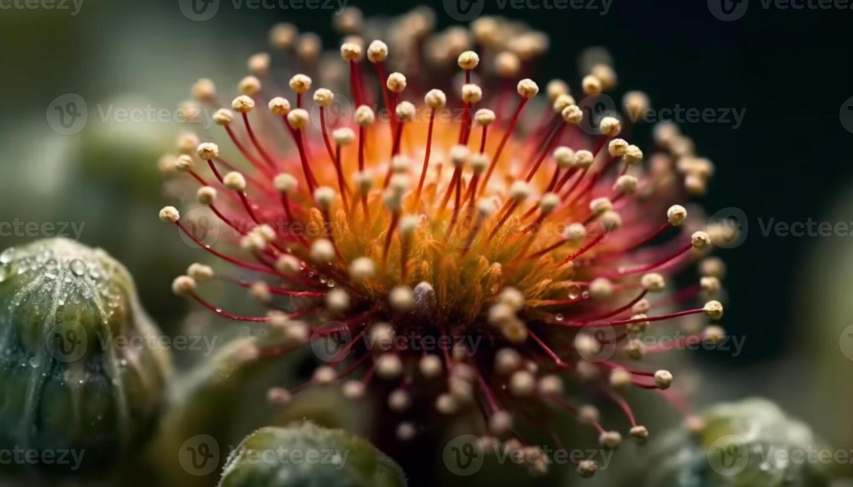 Vibrant tropical flower in extreme close up, wet with freshness generated by AI photo