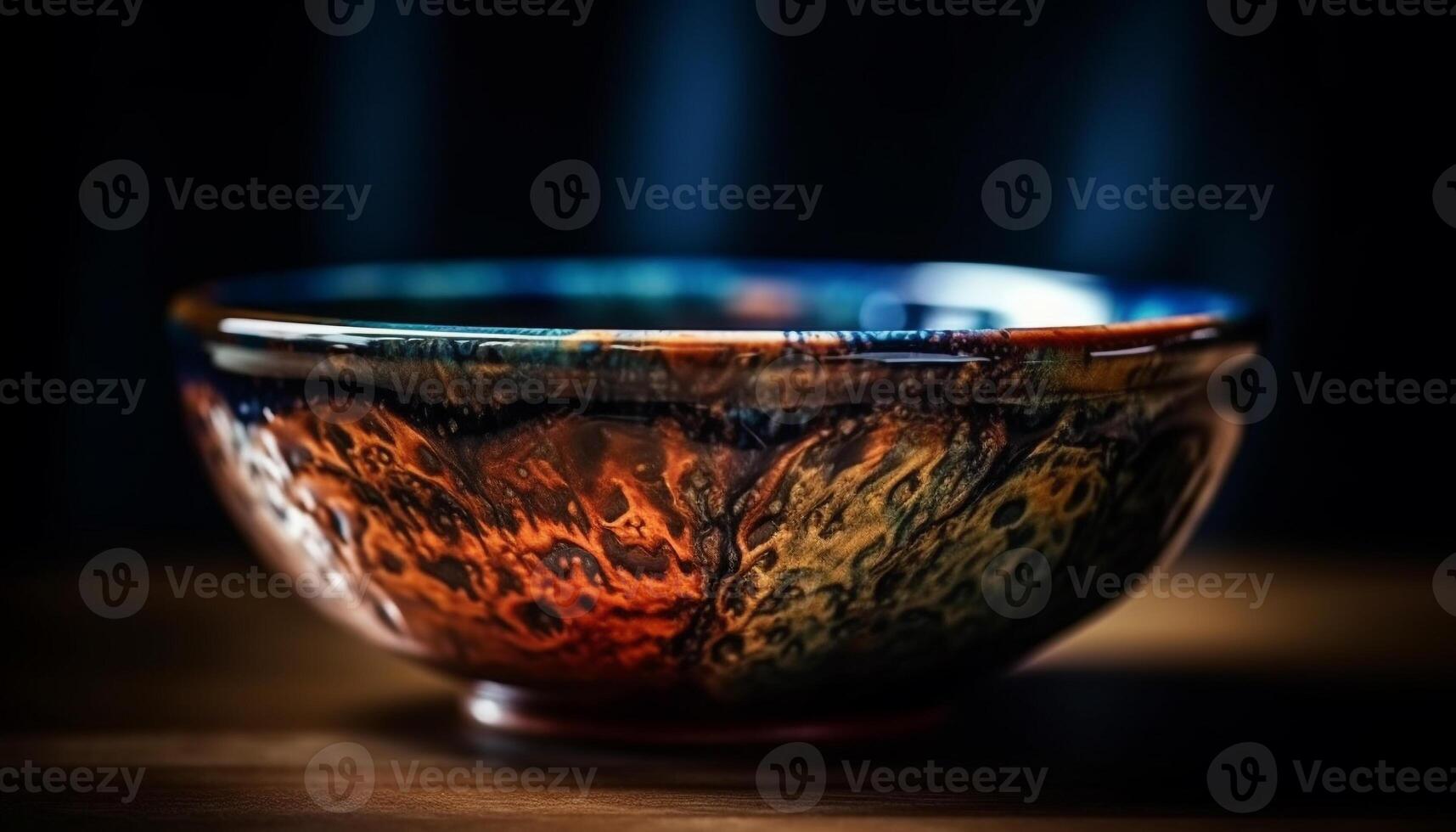 Wooden table with pottery bowl of yellow liquid on fire generated by AI photo