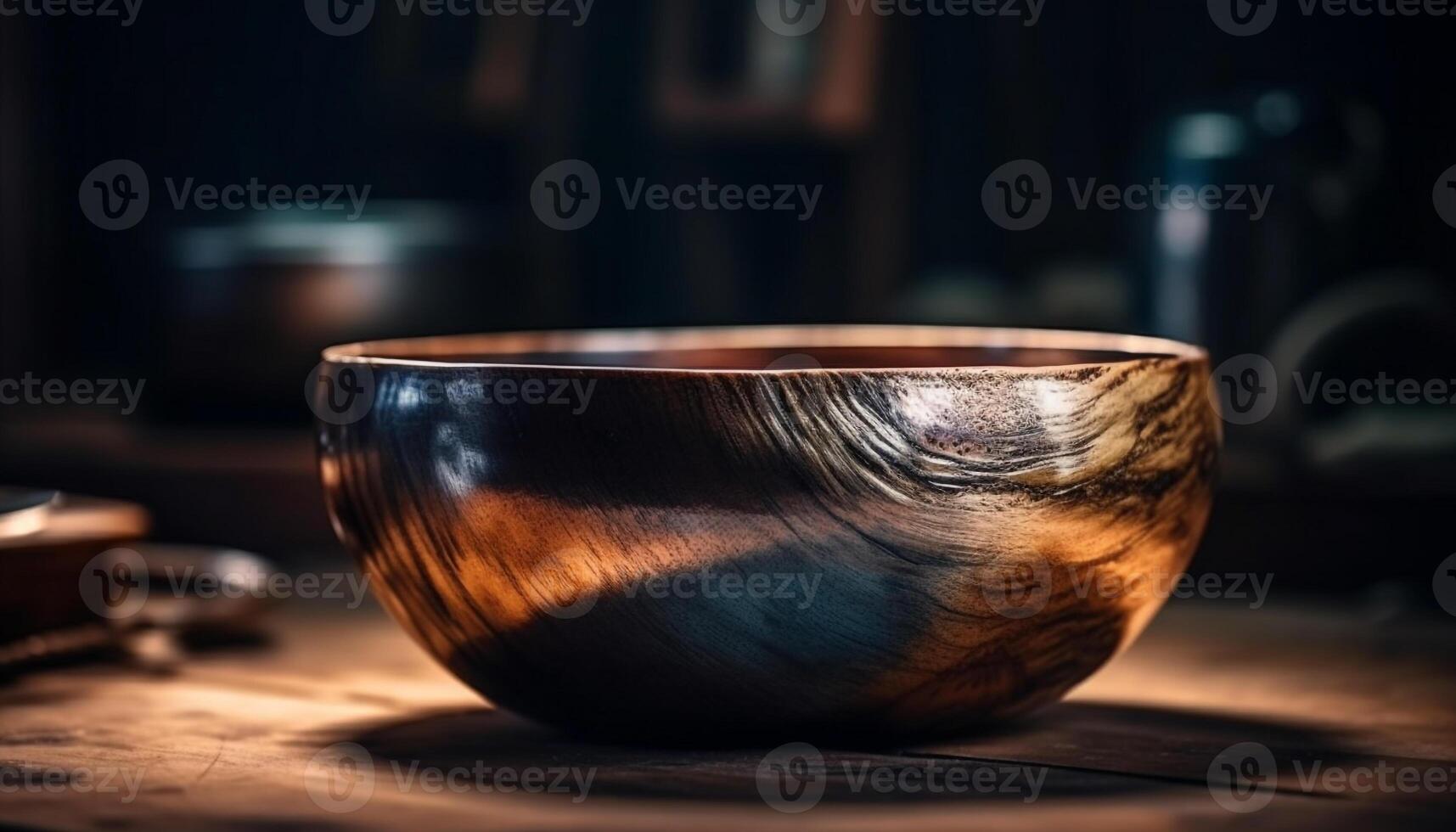 Rustic clay pottery bowl, shiny metallic handle, empty kitchen table generated by AI photo