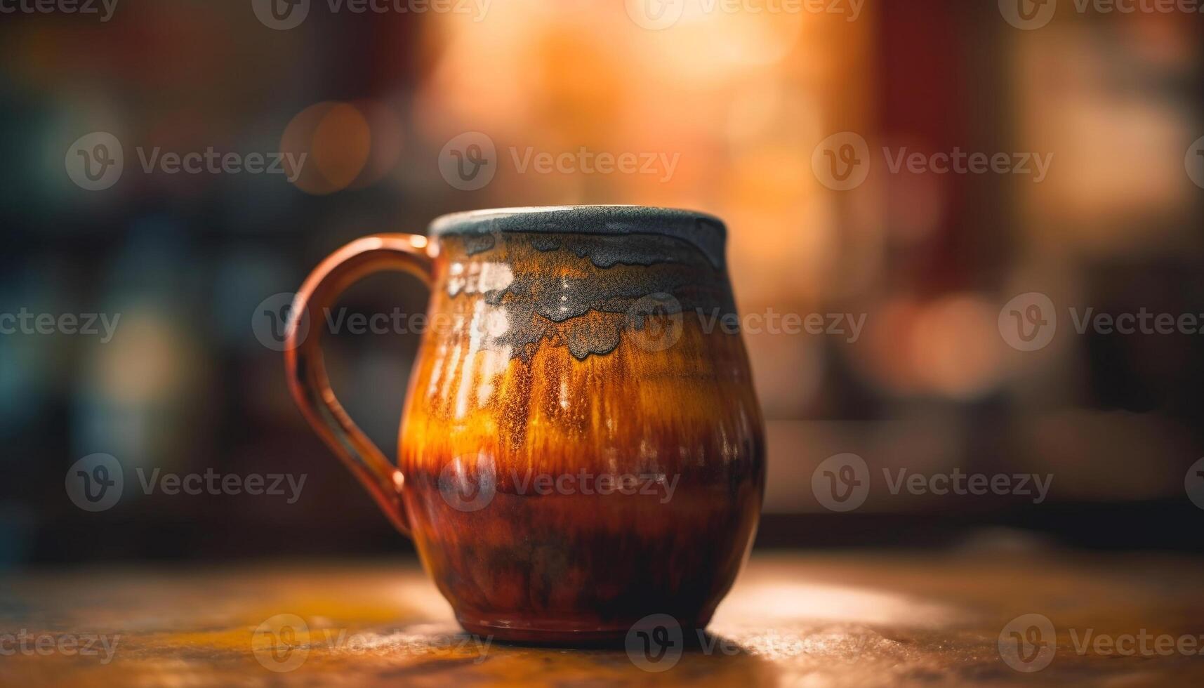 Rustic earthenware mug with handle on wooden table in pub generated by AI photo