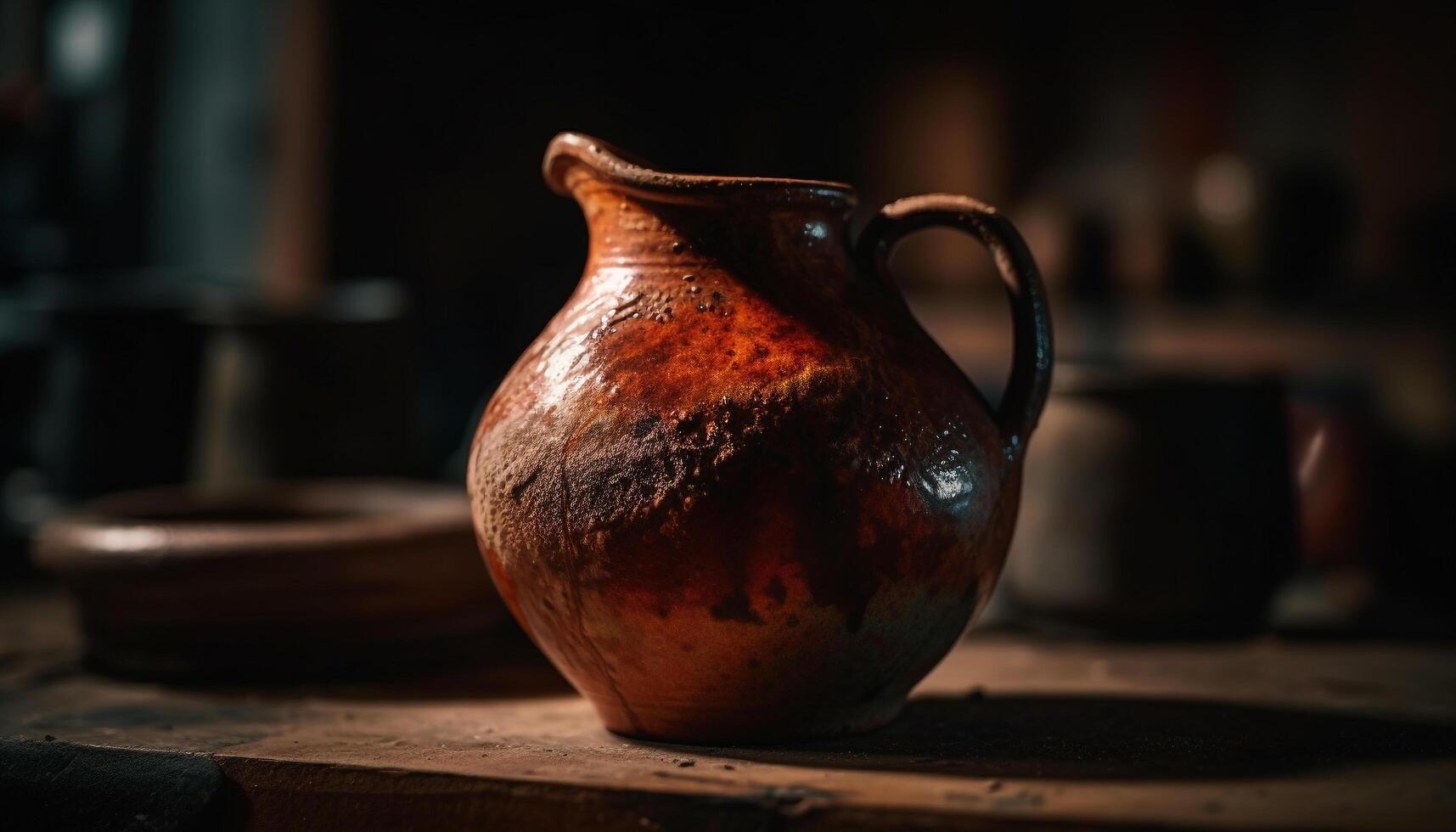 rústico loza de barro jarra, un hecho en casa antiguo arte desde antiguo culturas generado por ai foto