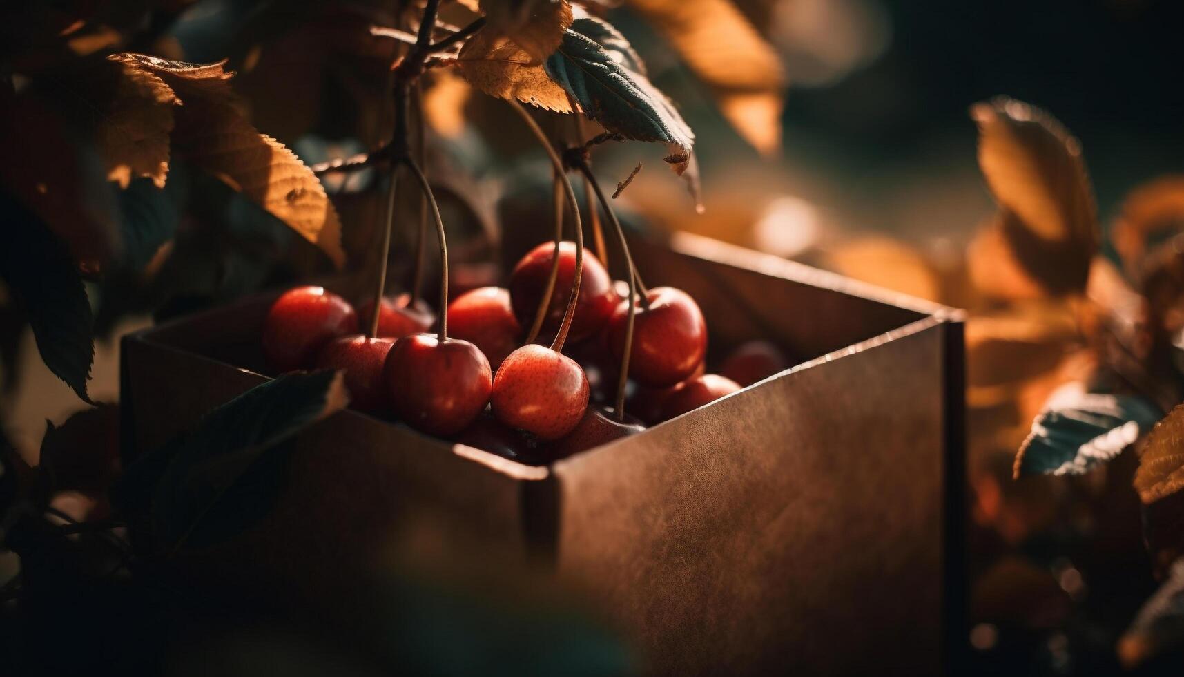 Ripe berry fruit on rustic table, a healthy gourmet dessert generated by AI photo