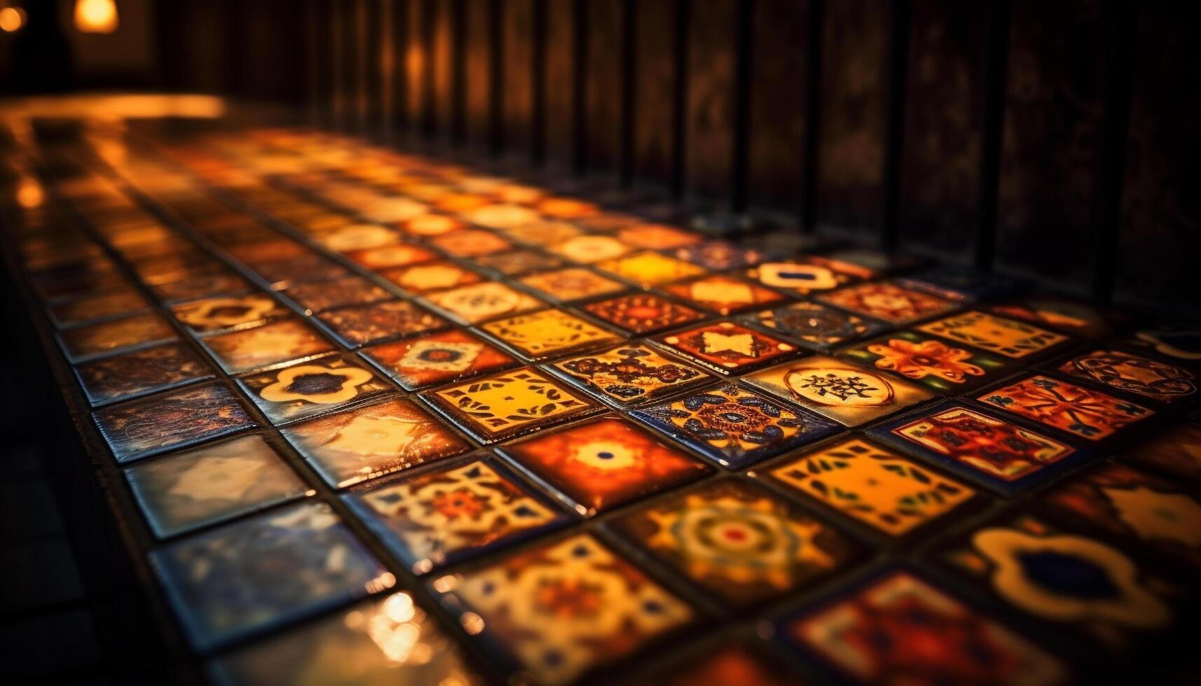 Vibrant mosaic tile collection illuminates old fashioned stained glass window generated by AI photo