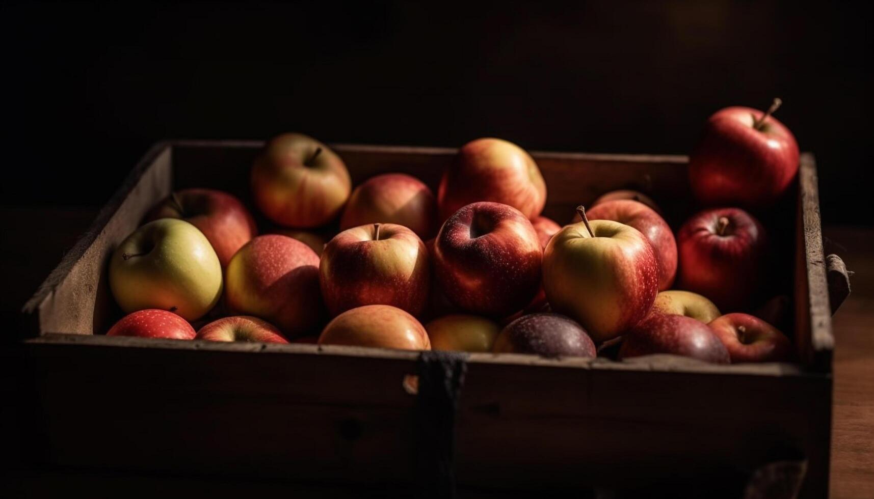 Ripe, juicy apples in a rustic wooden crate for healthy eating generated by AI photo