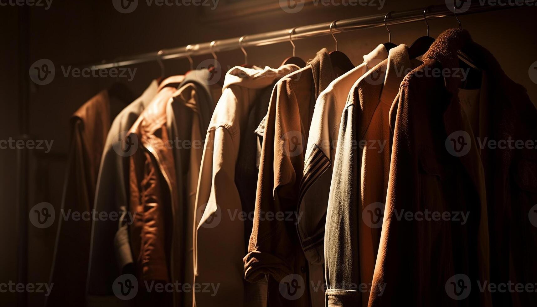 Fashionable clothing collection hanging in elegant boutique with coat hangers generated by AI photo