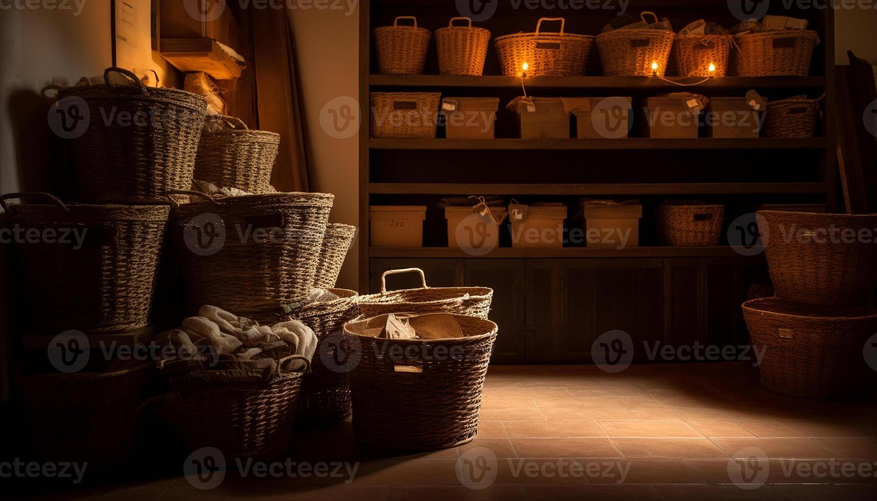 Wicker basket collection on rustic wooden shelf in domestic room generated by AI photo