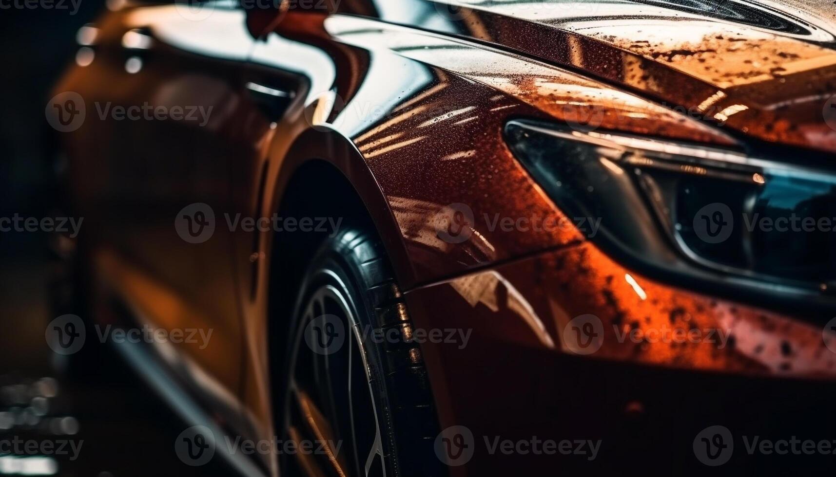 Shiny yellow sports car driving in wet city streets at night generated by AI photo