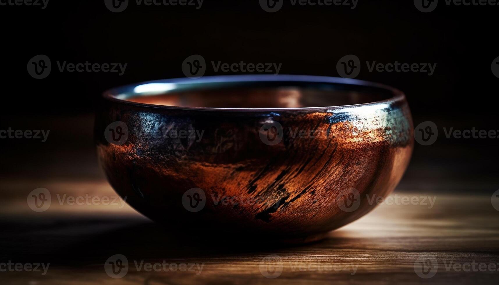 Antique earthenware bowl on rustic wooden table with ornate decoration generated by AI photo