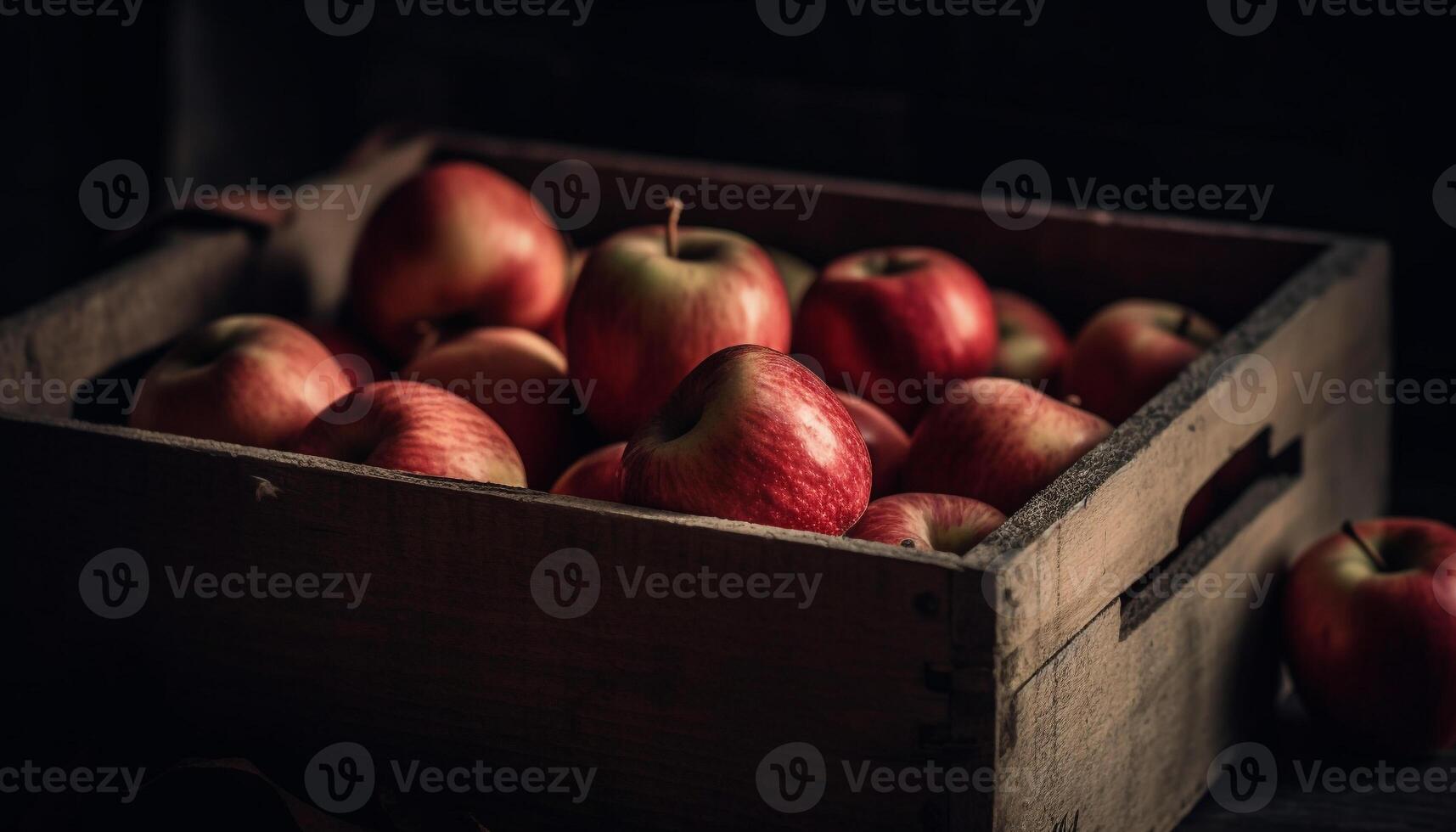 Juicy organic apples in wooden crate on rustic table indoors generated by AI photo