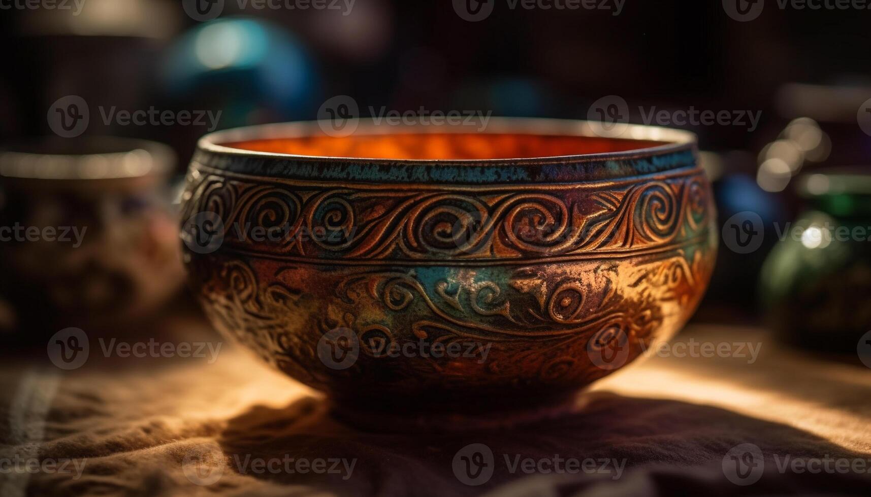 Earthenware vase, ornate pattern, rustic charm, homemade craft product generated by AI photo