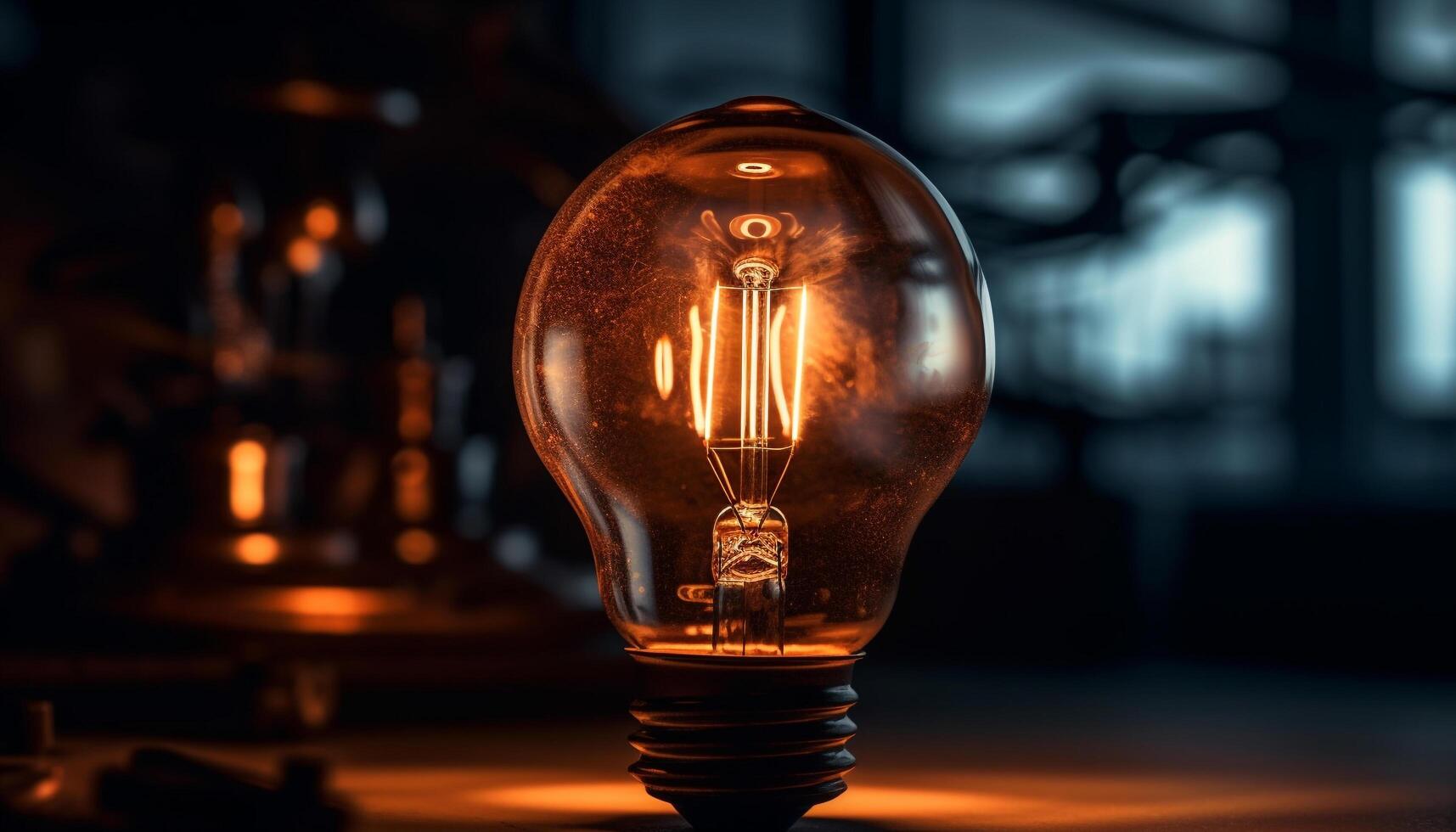 Glowing tungsten filament illuminates old fashioned electric lamp on table generated by AI photo