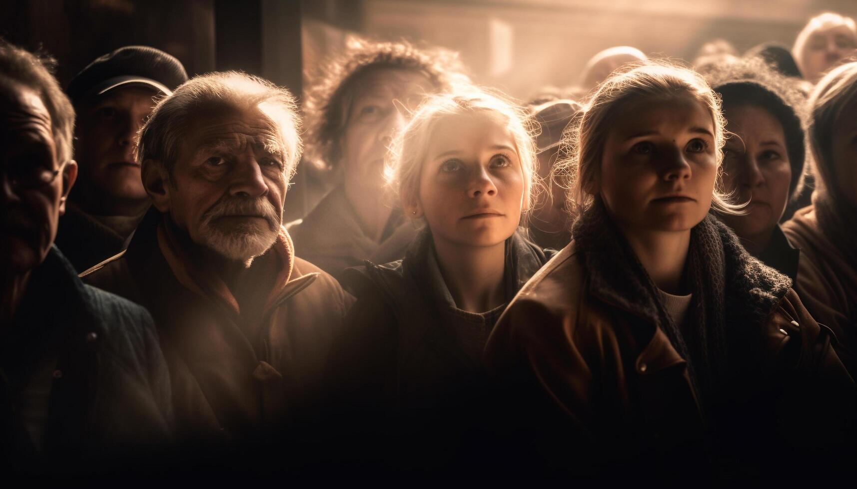 Large group of people smiling outdoors at night, enjoying togetherness generated by AI photo