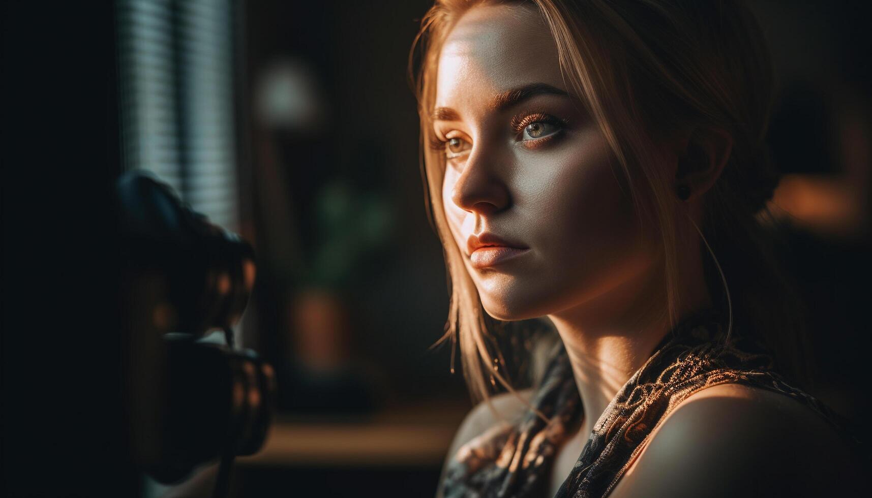 Beautiful woman with brown and blonde hair exudes elegance indoors generated by AI photo