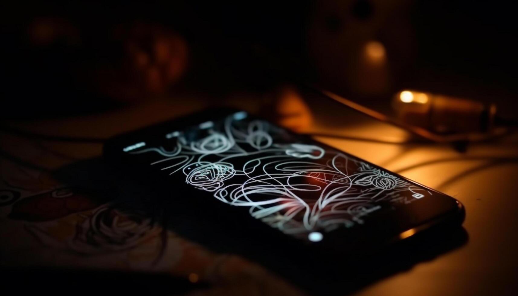 Digital still life Smart phone on wooden table, illuminated by flame generated by AI photo
