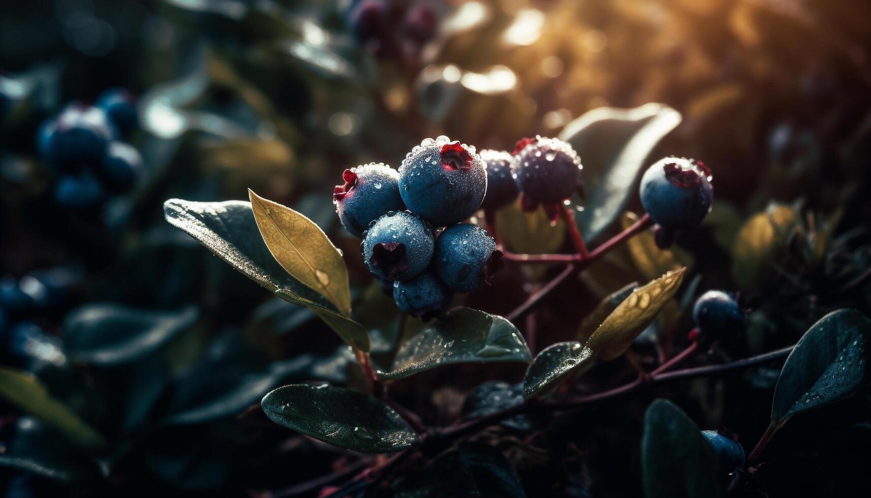 Multi colored berry branch, wet with dew, beauty in nature generated by AI photo