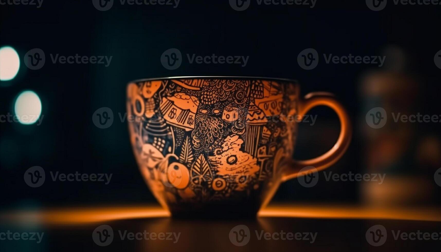 Rustic coffee mug on wooden saucer, hot drink for relaxation generated by AI photo
