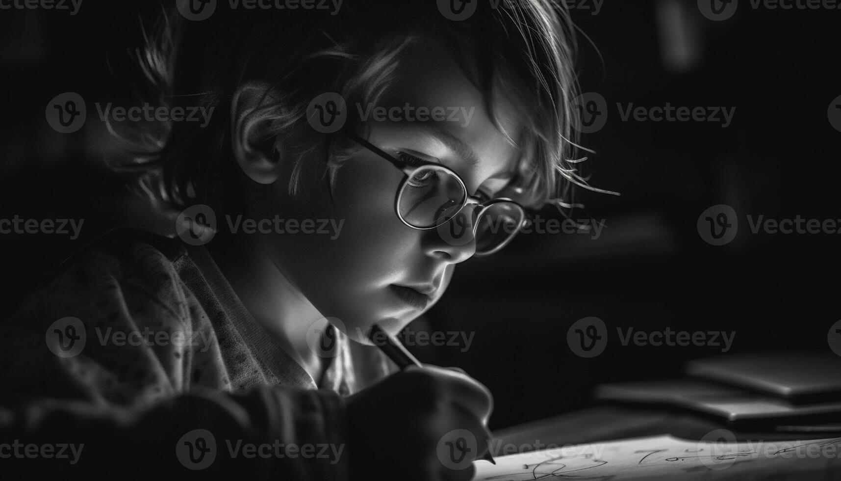 Serious students studying with concentration in monochrome classroom portrait generated by AI photo