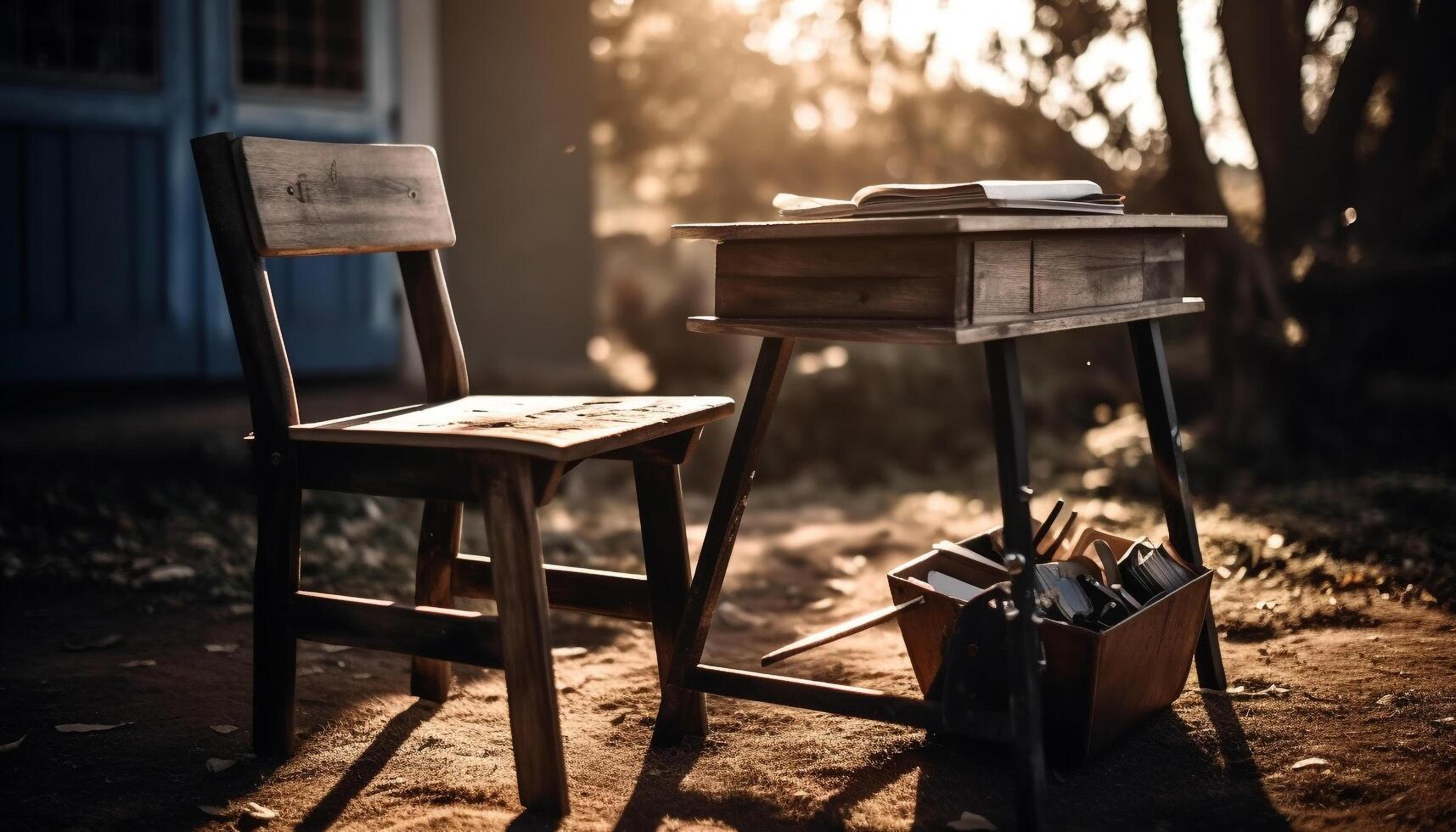 rústico mesa en antiguo bosque, rodeado por naturaleza calor y tranquilidad generado por ai foto