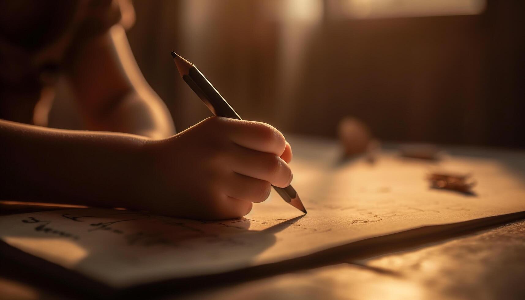 One person working indoors at desk, holding pencil, drawing generated by AI photo